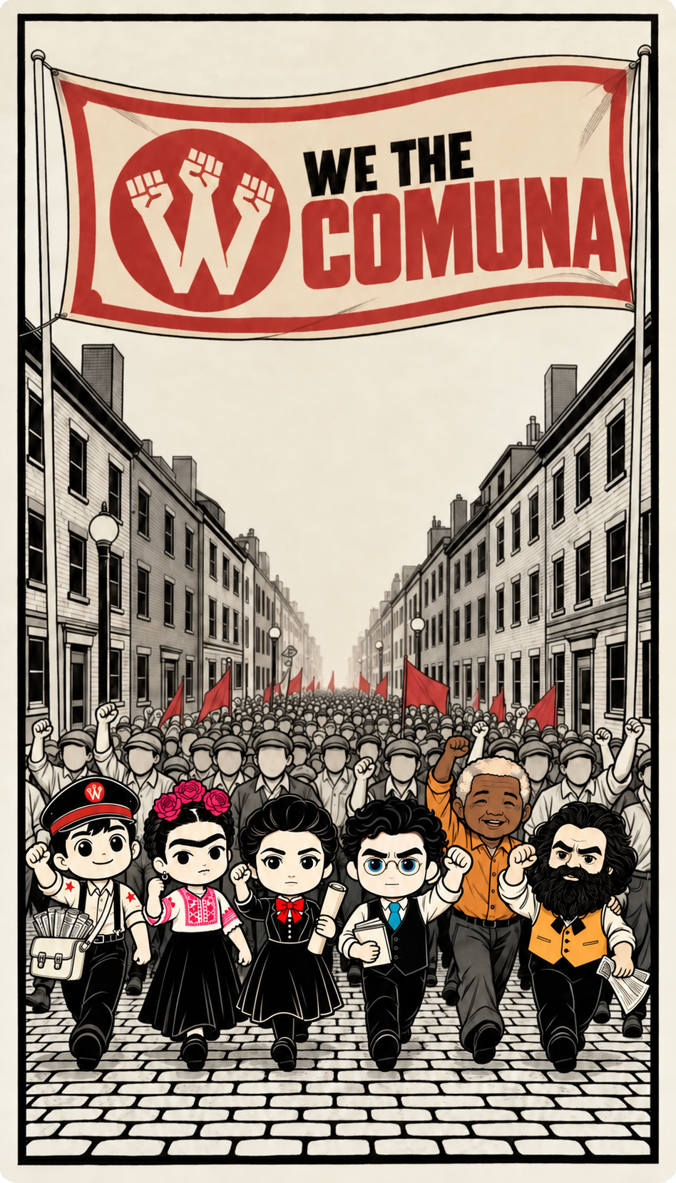 Milo, Frida Kahlo, Rosa Luxemburg, Antonio Gramsci, Nelson Mandela y Karl Marx marchan al frente de una multitud