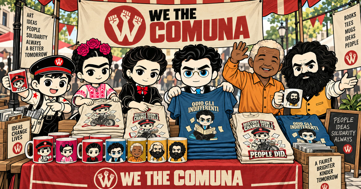 Milo, Frida Kahlo, Rosa Luxemburg, Antonio Gramsci, Nelson Mandela y Karl Marx en un puesto comunitario con camisetas y tazas de WeTheComuna