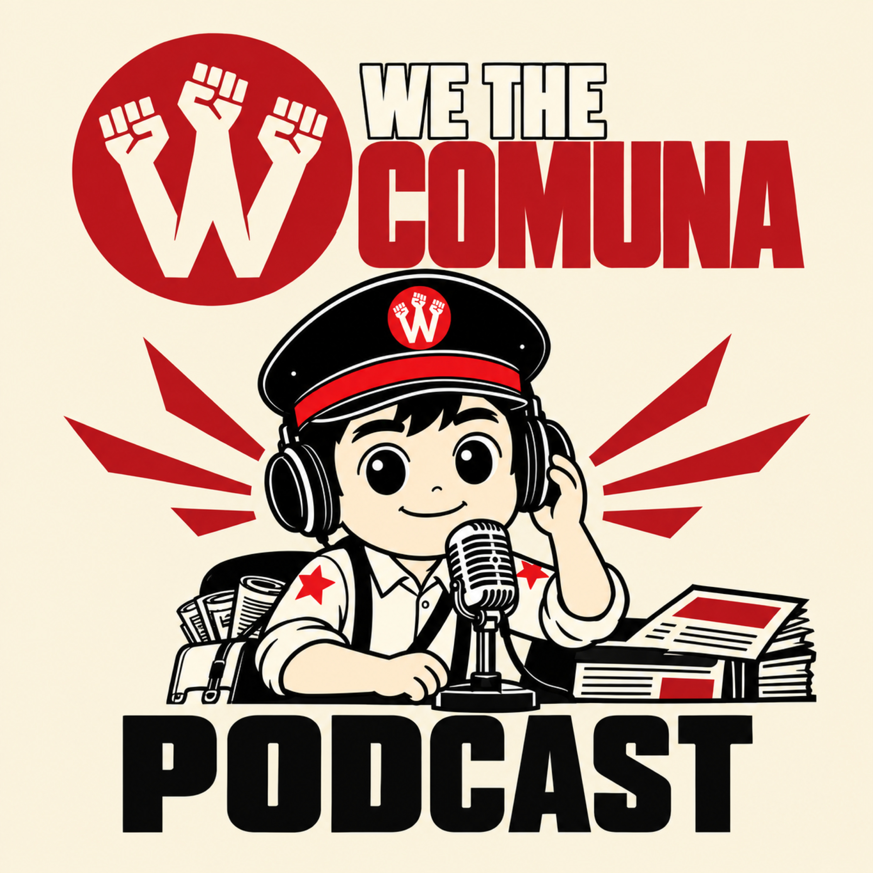 WeTheComuna Podcast cover with Milo at a microphone