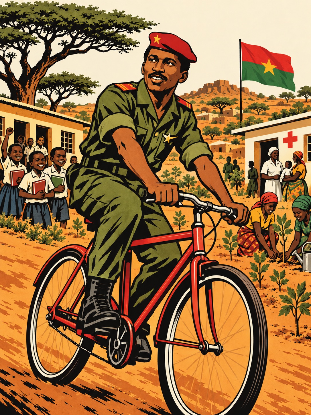 Thomas Sankara à vélo devant une école, un dispensaire et de jeunes arbres au Burkina Faso.