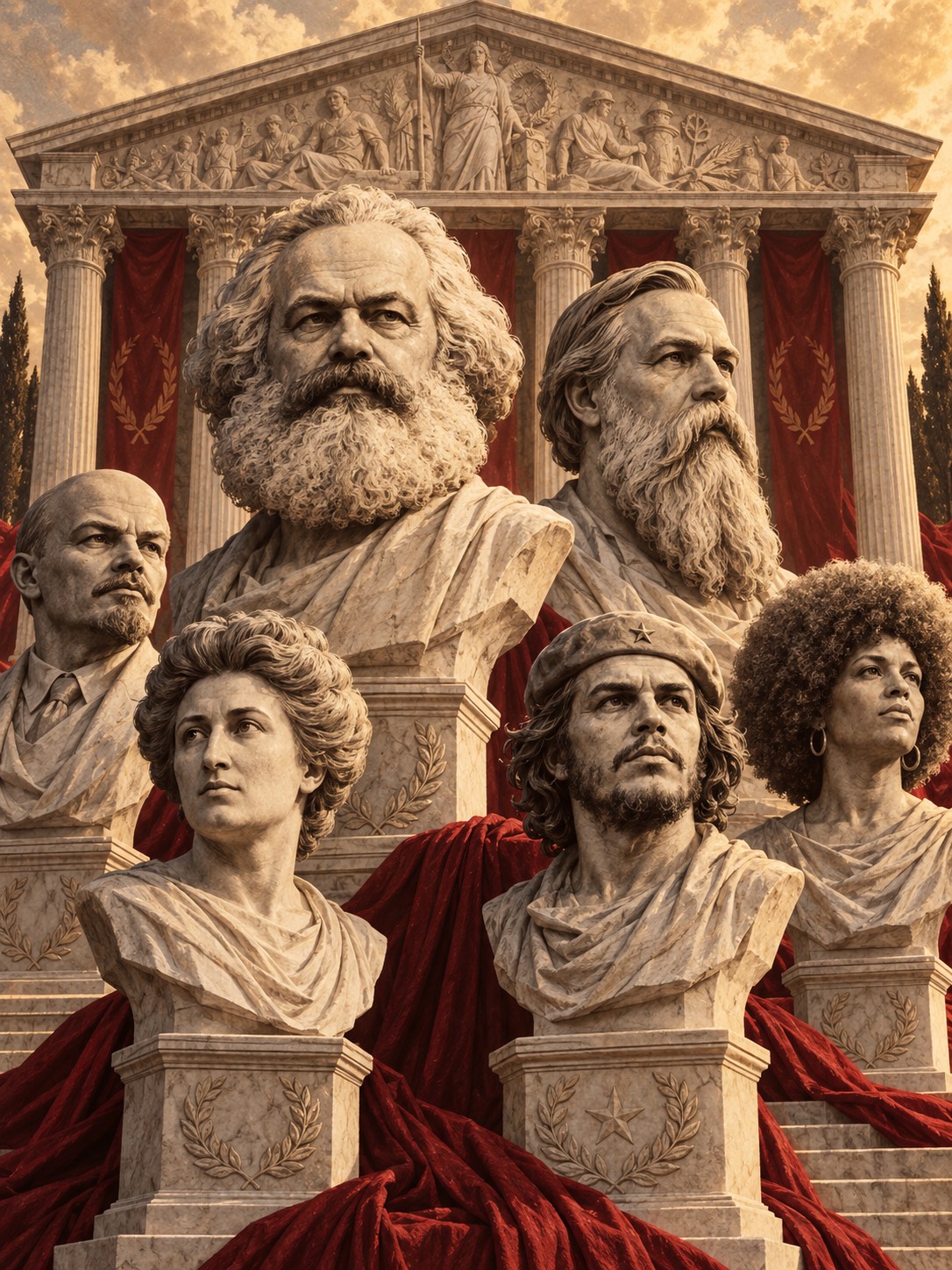 Un panthéon classique avec Marx et Engels, Lénine, Rosa Luxemburg, Che Guevara et Angela Davis