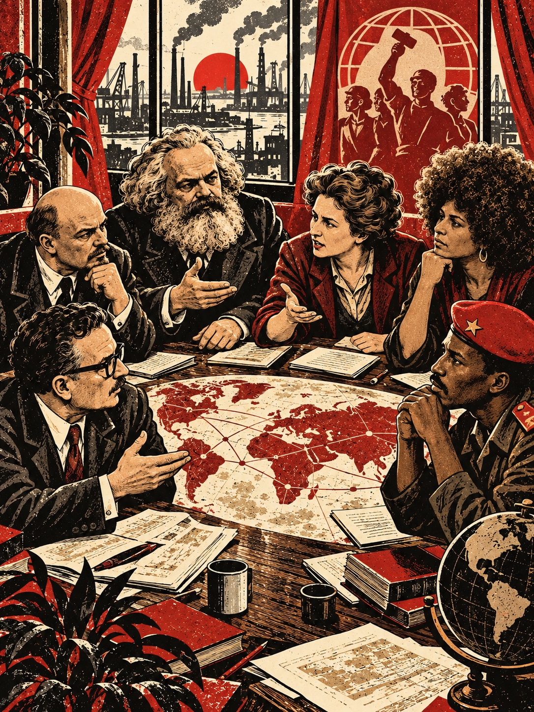 Marx, Rosa Luxemburg, Angela Davis, Lénine, Allende et Sankara débattent autour d’une table dans une illustration rouge, noire et crème.